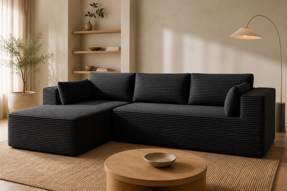 M01 Cloud L-Sectional sofa in deep charcoal ribbed upholstery